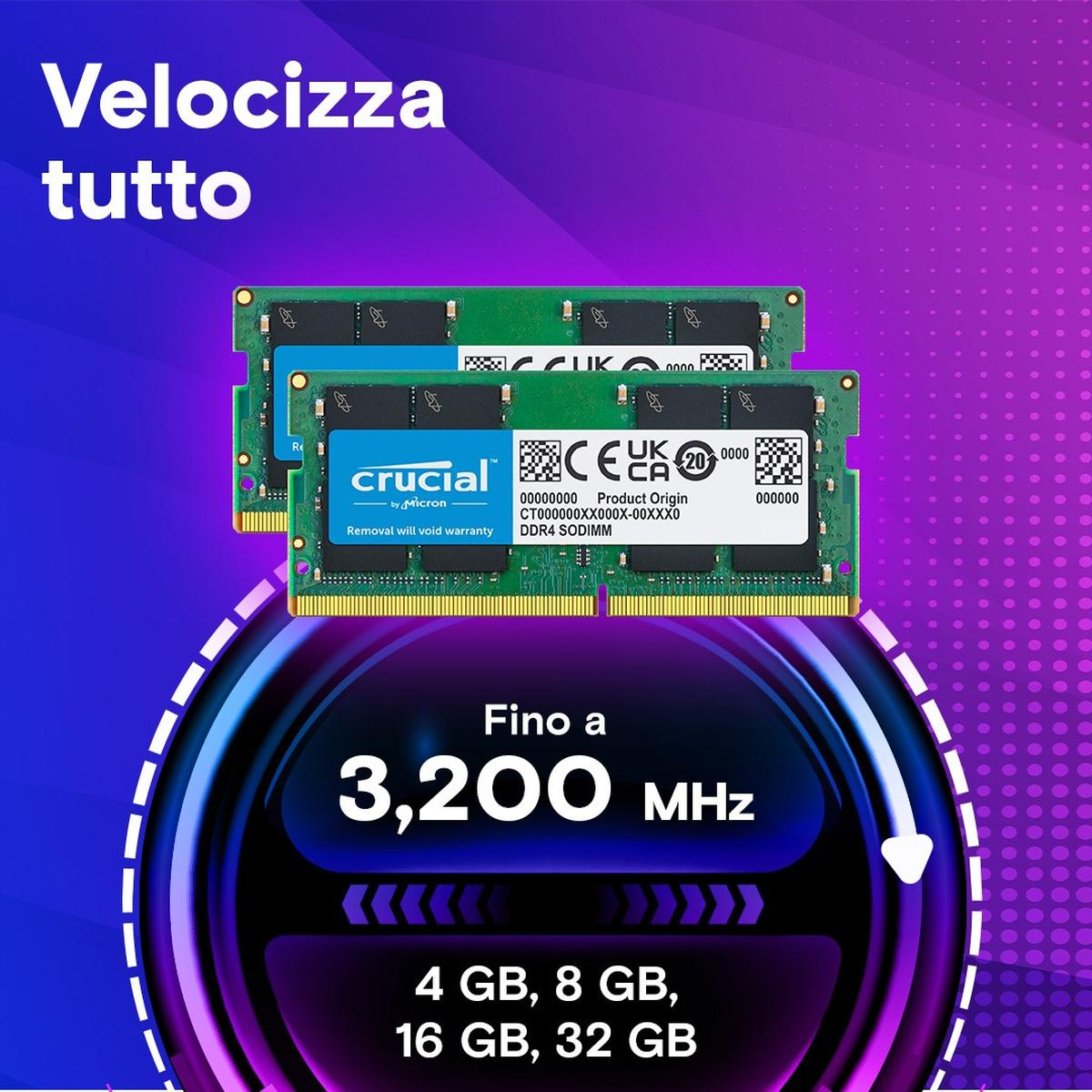 Obraz przedstawia kości RAM Crucial ze szczegółami prędkości i pojemności. Tekst: Velocizza tutto, Fino a 3,200 MHz, 4 GB, 8 GB, 16 GB, 32 GB.