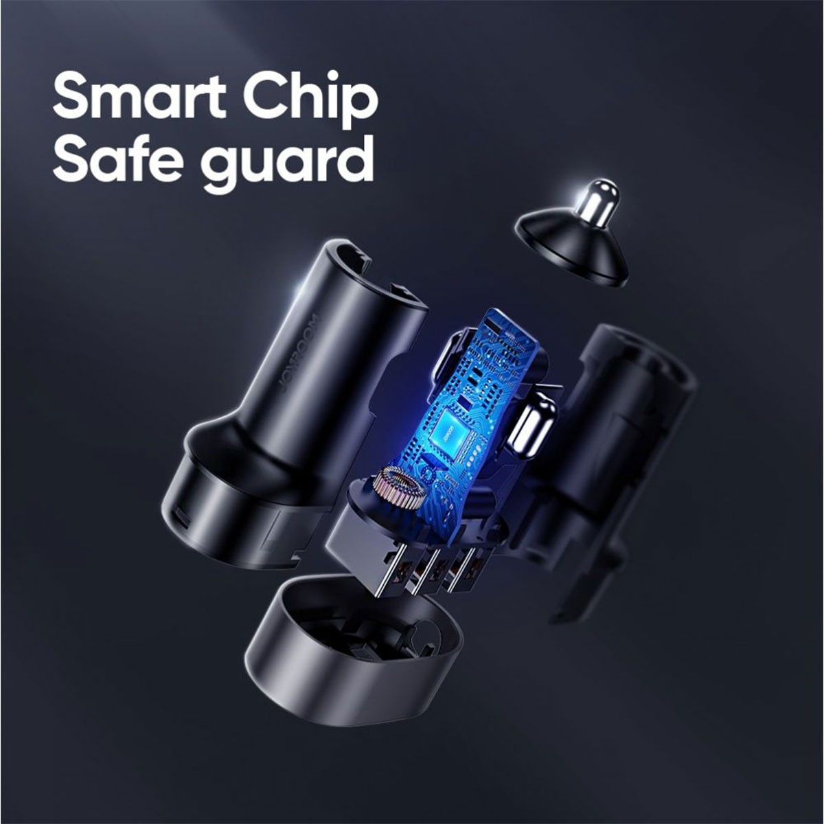 Czarna ładowarka samochodowa zdemontowana, pokazująca wewnętrzną niebieską płytkę obwodu i komponenty, z napisem 'Smart Chip Safe guard'.