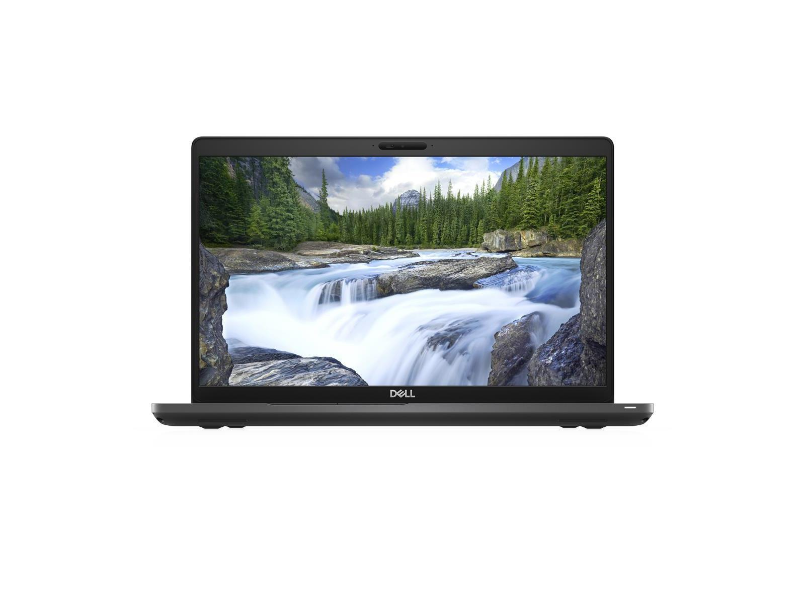Schwarzer Dell-Laptop geöffnet. Der Bildschirm zeigt eine Wasserfallszene mit Bergen und Bäumen. Weißer Hintergrund.