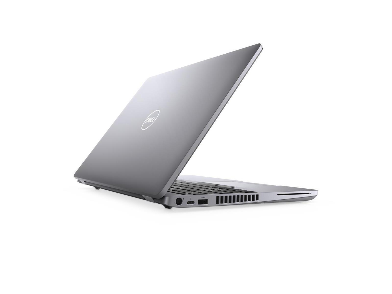 Ein silberner Dell-Laptop ist auf weißem Hintergrund geöffnet. Das Dell-Logo ist sichtbar.