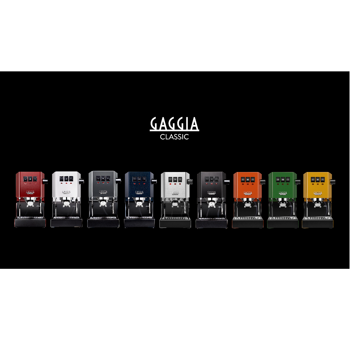Een reeks Gaggia Classic espressomachines in verschillende kleuren: rood, wit, grijs, donkerblauw, zilver, zwart, oranje, groen en geel.