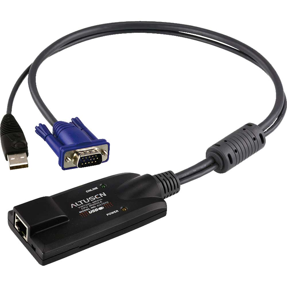 Czarny adapter USB na VGA z niebieskim złączem VGA. Adapter ma wskaźniki zasilania i online. Kabel jest czarny.