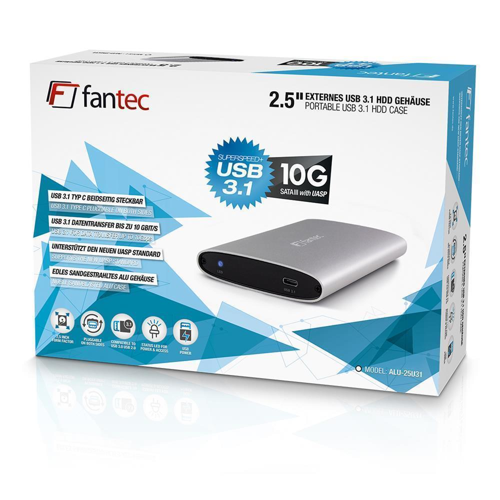 Eine silberne externe Festplatte in einer Box, gekennzeichnet als 2,5" USB 3.1 HDD-Gehäuse. Marke FANTEC.