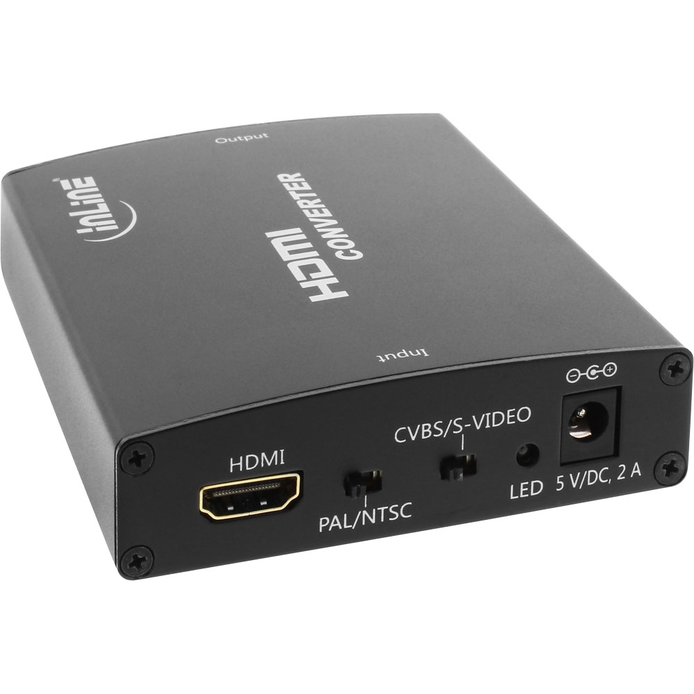 Ein schwarzer HDMI-Konverter mit den Aufschriften 'HDMI CONVERTER', 'HDMI', 'CVBS/S-VIDEO' und 'LED 5 VDC, 2 A'.
