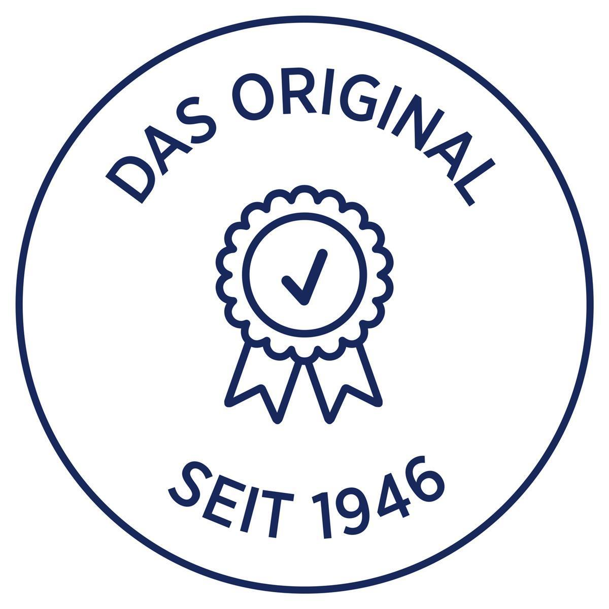 Rundes Emblem mit blauem Text: DAS ORIGINAL, SEIT 1946. In der Mitte ein Abzeichen mit einem Häkchen.