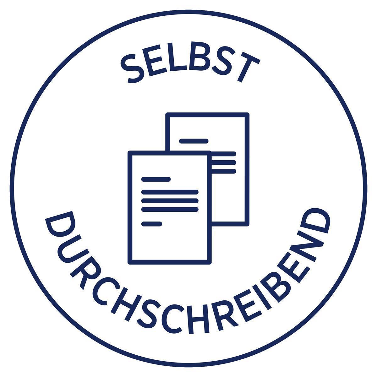 Rundes blaues Schild mit weißem Text: „SELBST“ oben, „DURCHSCHREIBEND“ unten und zwei Dokumentsymbolen.