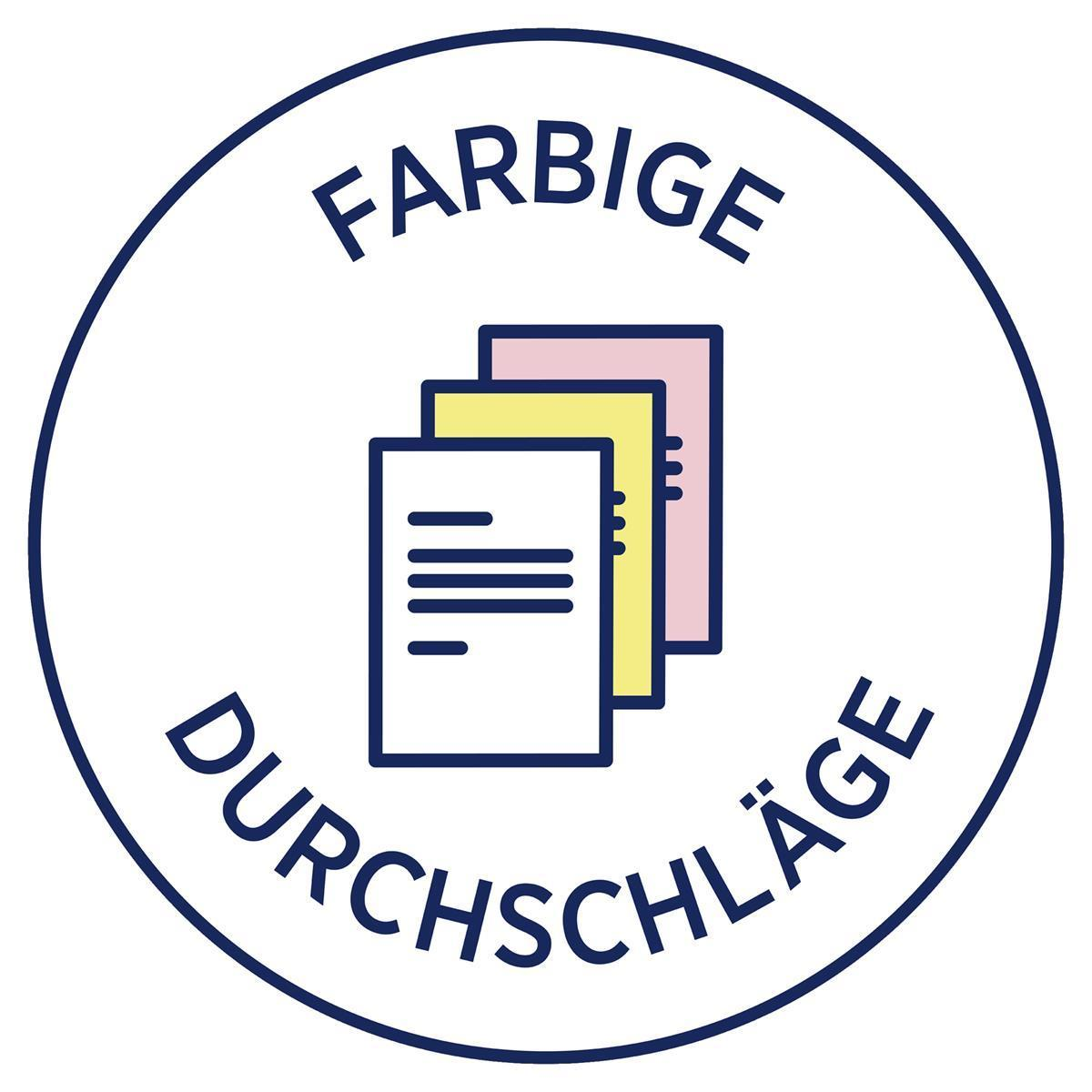 Rundes blaues Schild mit weißem Text: „FARBIGE“ oben, „DURCHSCHLÄGE“ unten und drei farbige Dokumentsymbole.
