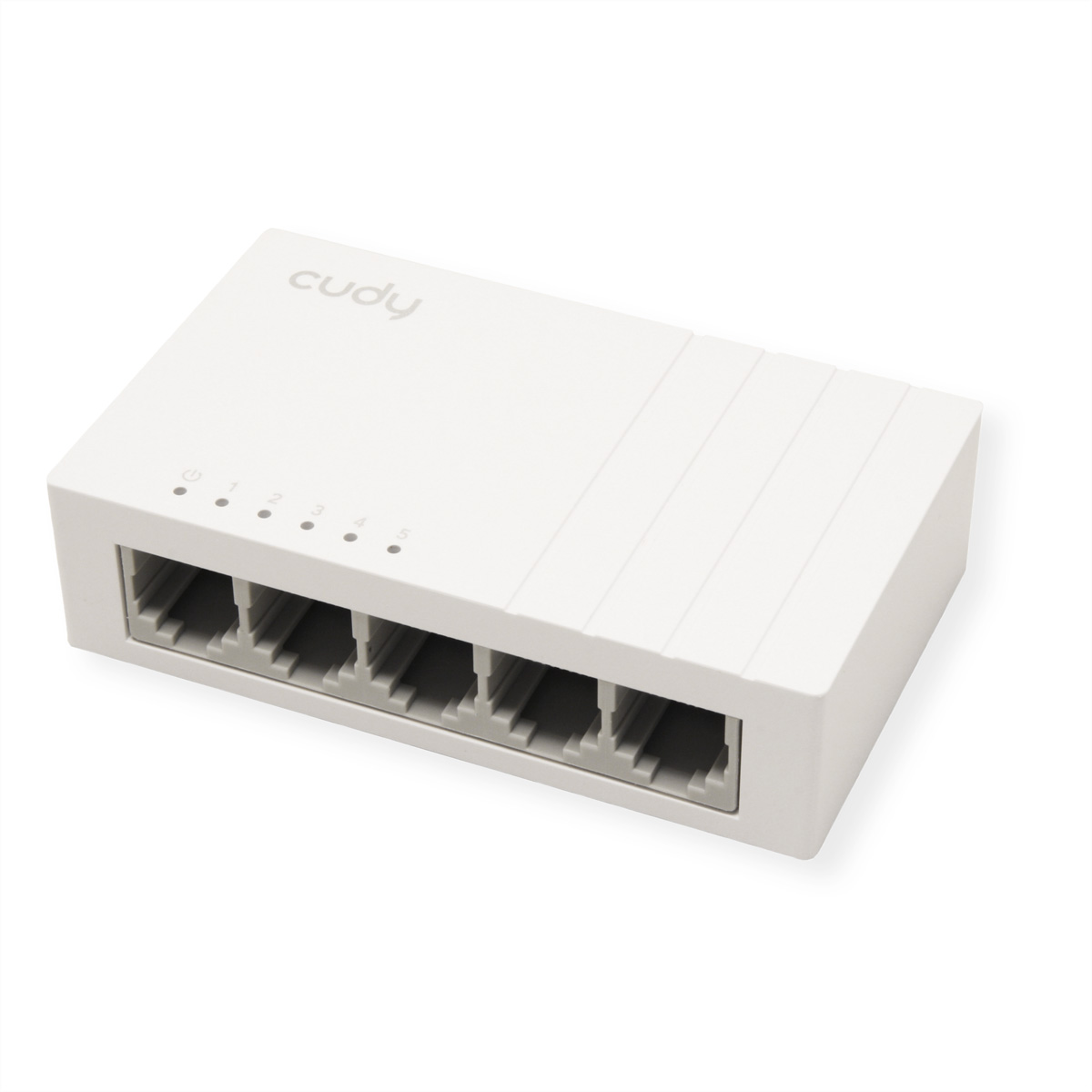 Witte netwerkswitch met 5 poorten en het woord "cudy" erboven.