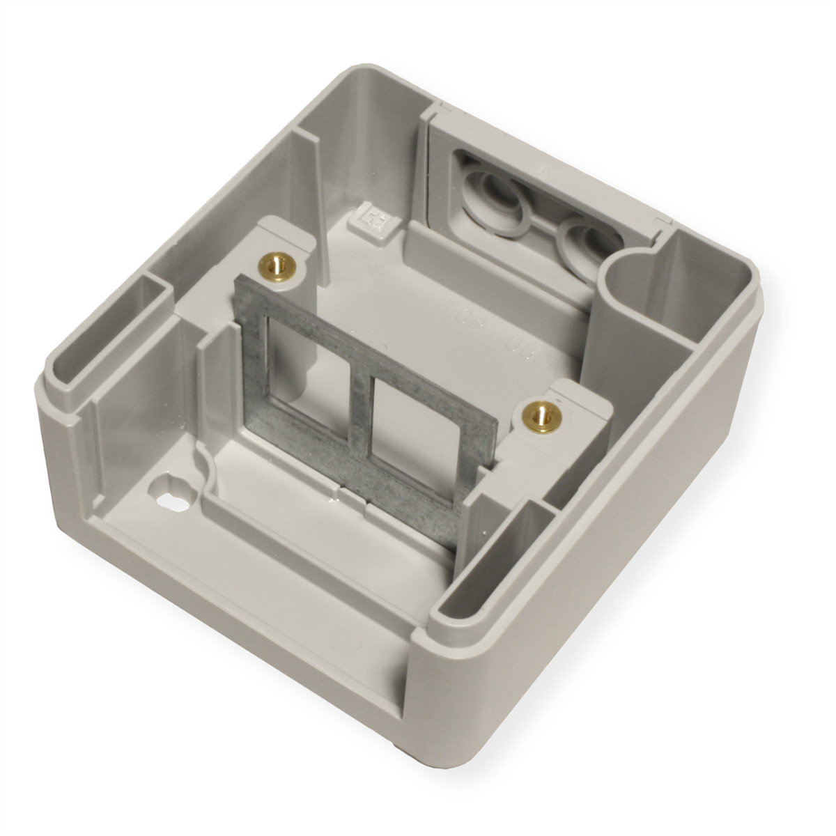 Graue elektrische Kunststoffbox mit Metallhalterung innen.