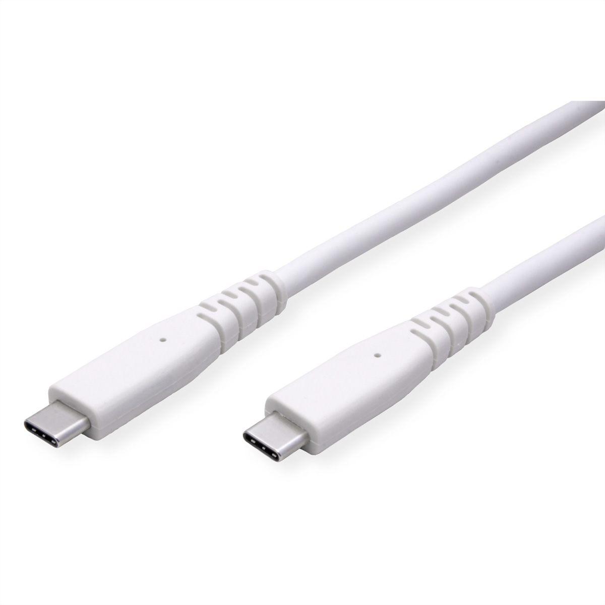 Twee witte USB-C kabels met connectoren op een witte achtergrond.