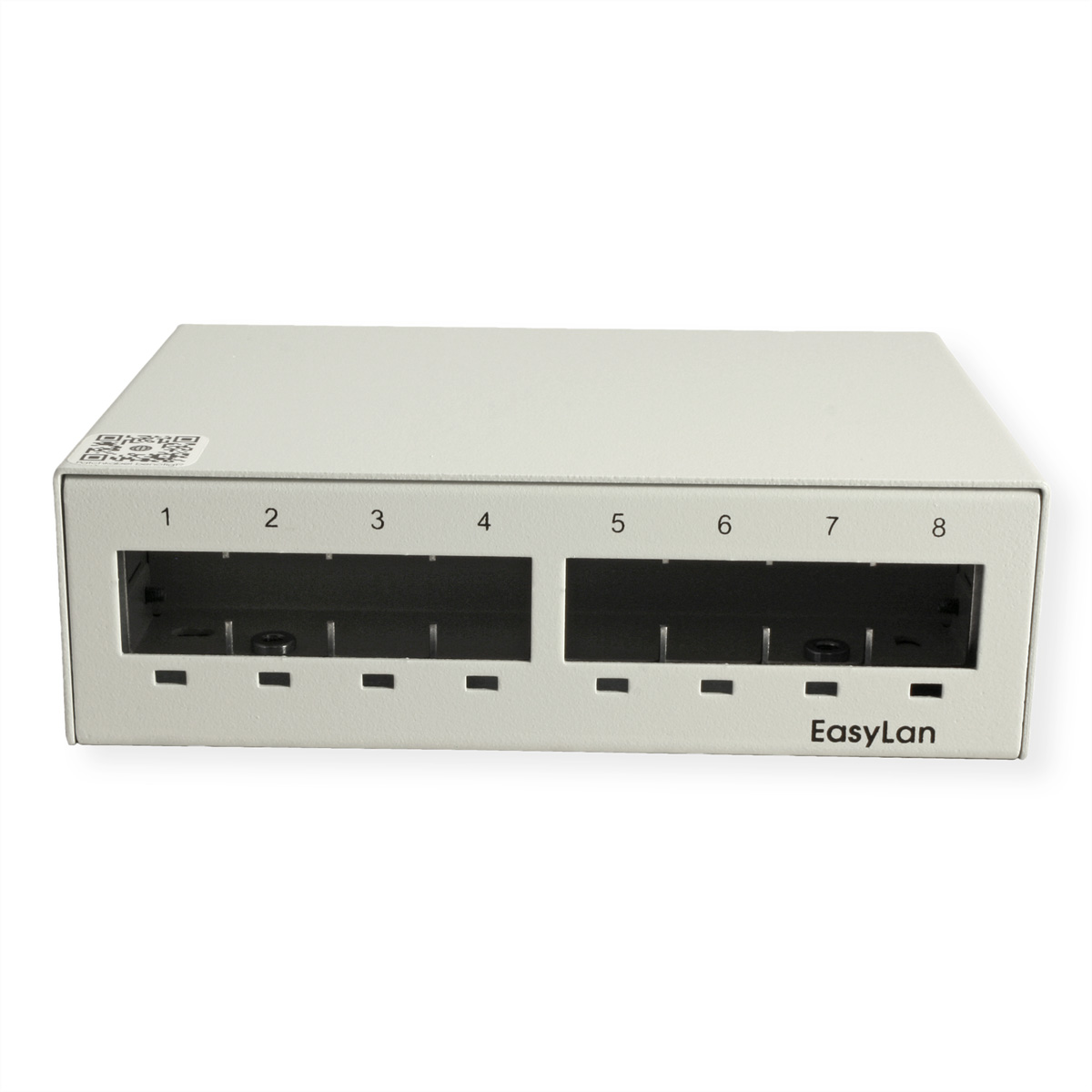 Ein weißer EasyLan-Netzwerk-Switch mit acht nummerierten Anschlüssen, isoliert vor weißem Hintergrund.