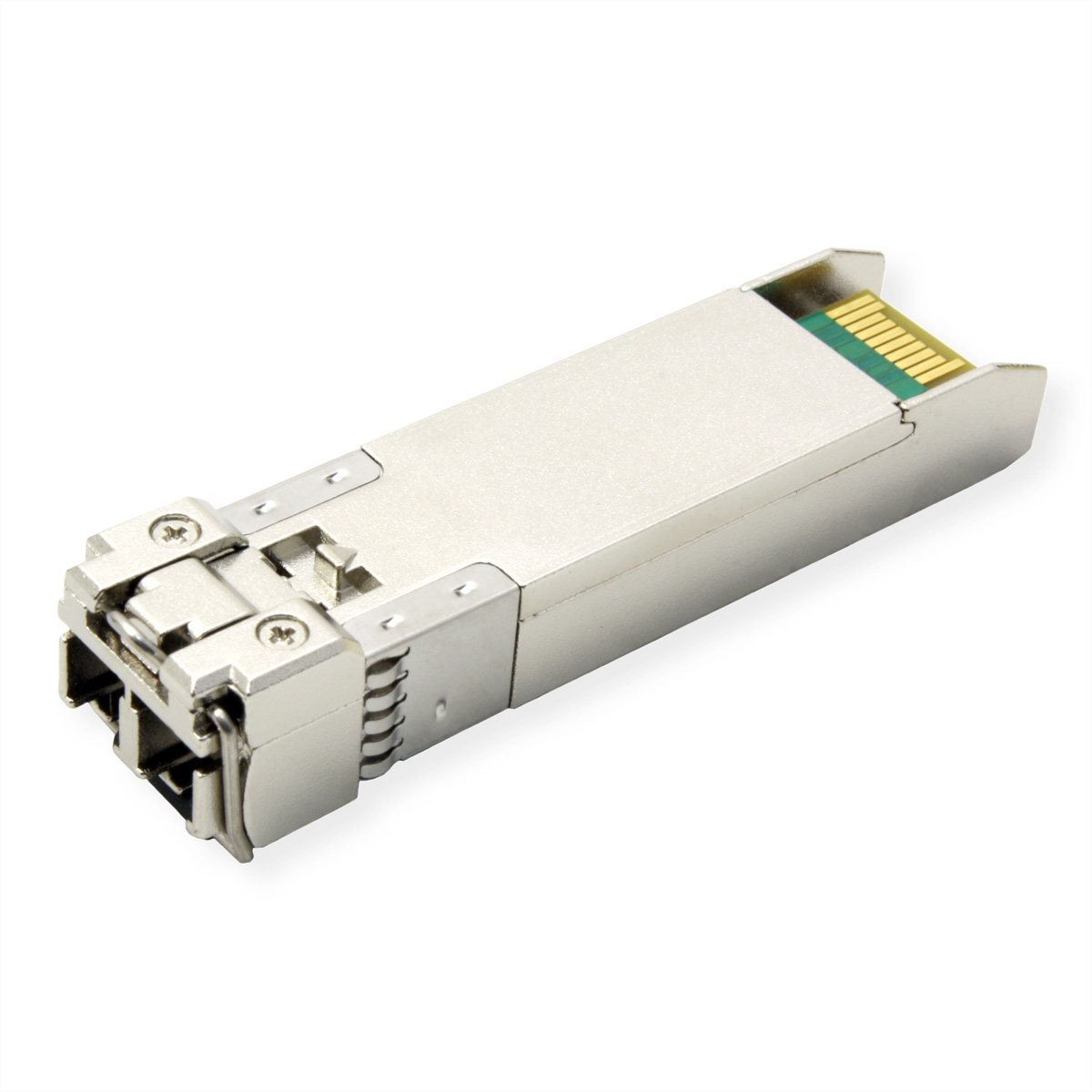 Ein silberner SFP-Transceiver, rechteckig mit einem Goldstecker, abgewinkelt auf einer weißen Oberfläche, isoliert.