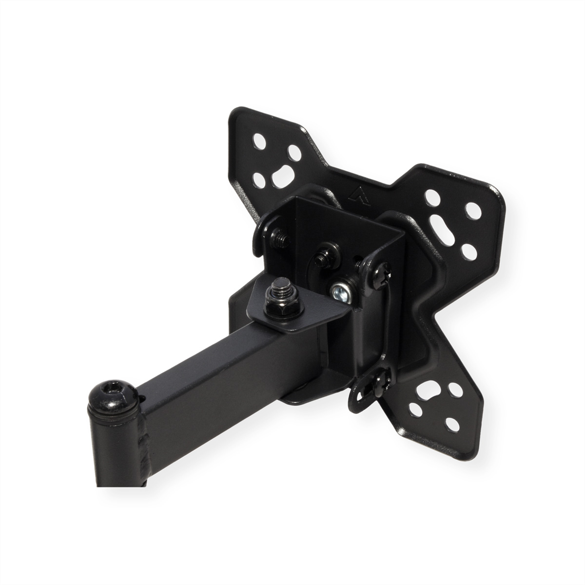Schwarze Metallhalterung mit quadratischer Basis und rechteckigem Arm, alles auf weißem Hintergrund.