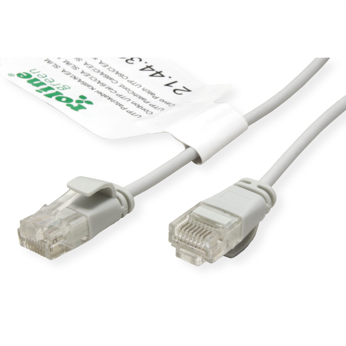 Dwa szare kable ethernet z przezroczystymi złączami i białą etykietą, na białym tle.