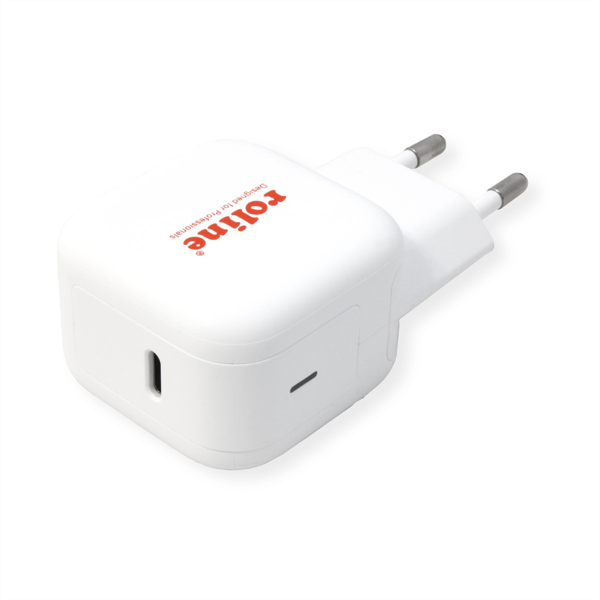 Chargeur Rolline blanc avec port USB-C et deux broches métalliques, conçu pour les professionnels.
