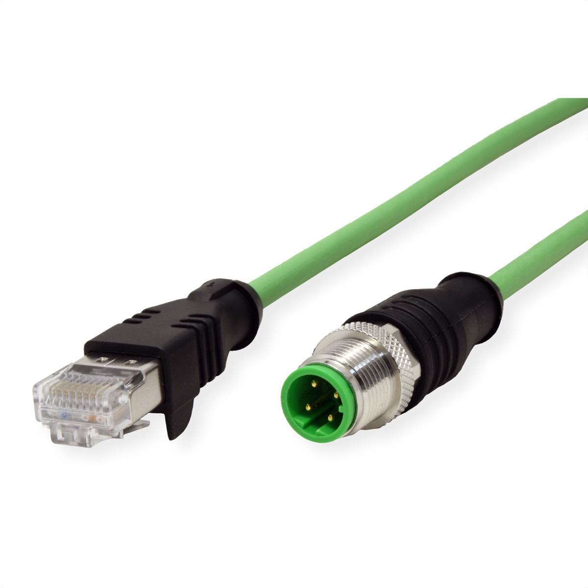 Grünes und schwarzes Kabel mit RJ45-Stecker und rundem Stecker auf weißem Hintergrund.