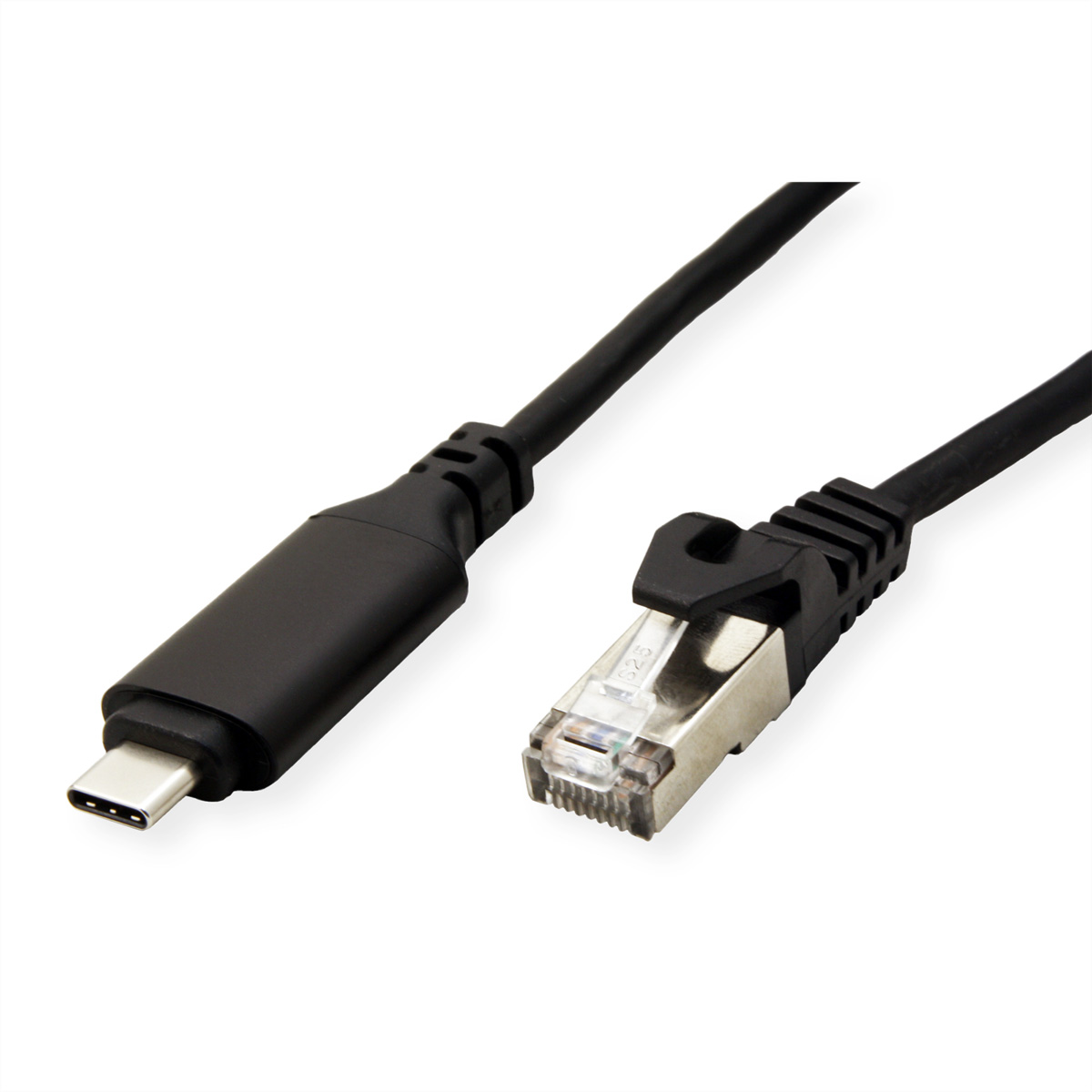 Un câble USB-C vers RJ45 noir sur fond blanc. Le câble possède un connecteur USB-C et un connecteur RJ45.