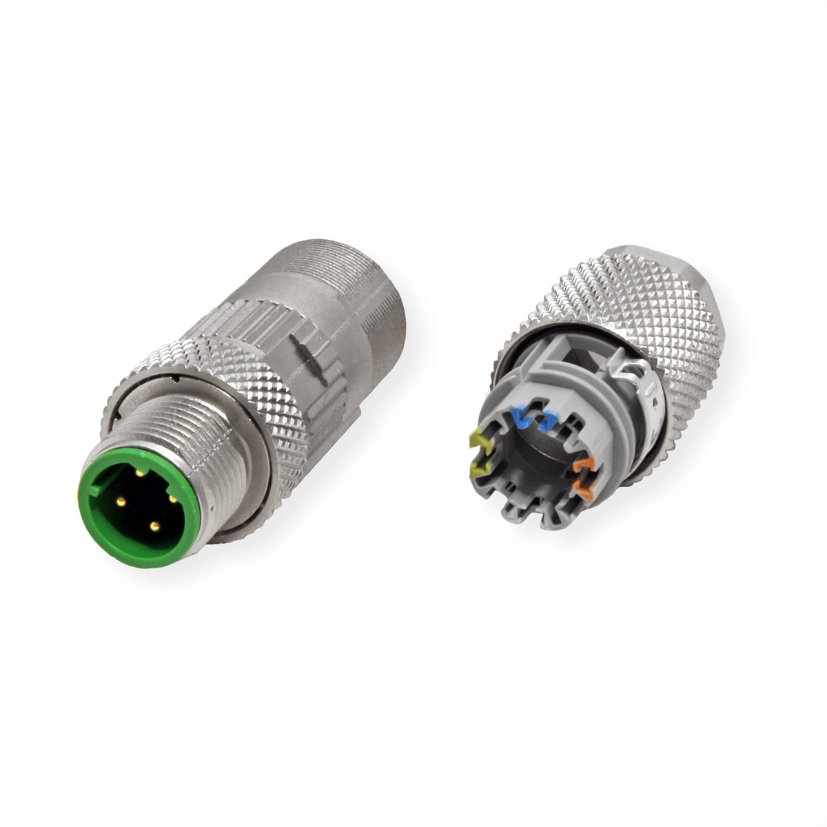 Zwei silberne und grüne Stecker mit Pins, auf weißem Hintergrund. Einer ist offen, der andere geschlossen.