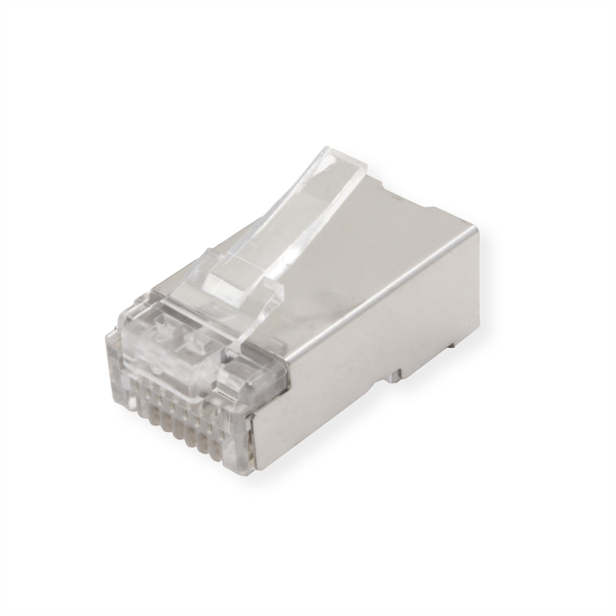 Silberner RJ45-Stecker mit transparentem Kunststoff, für Netzwerkkabel, auf weißem Hintergrund.