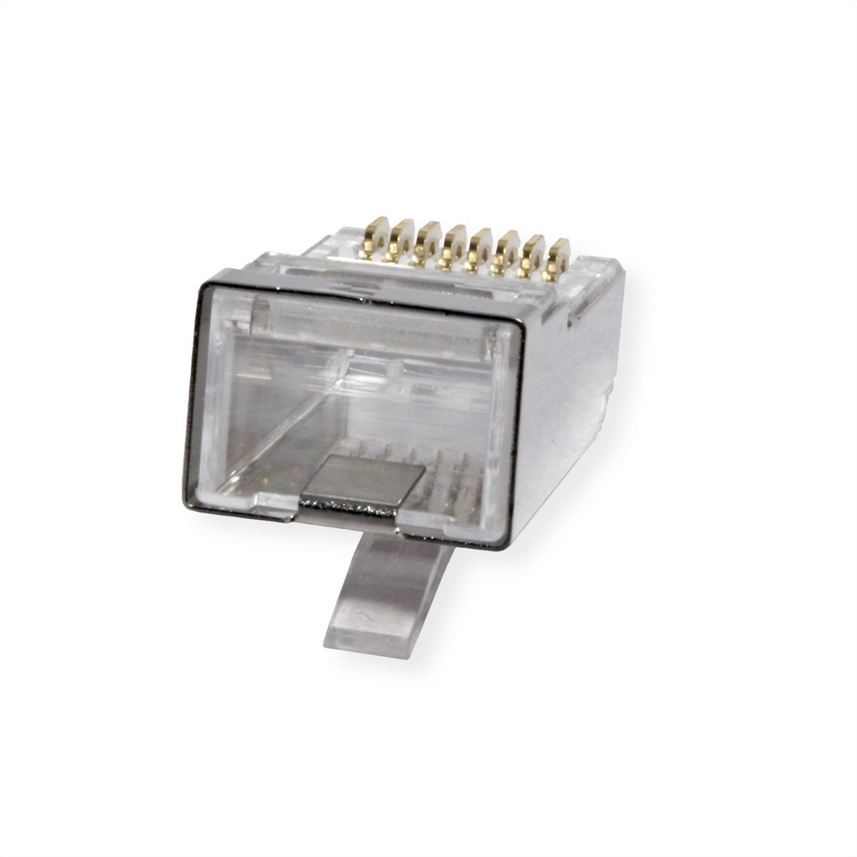 Ein transparenter RJ45-Stecker mit goldenen Pins, einem transparenten Kunststoffkörper und einer kleinen Lasche, isoliert auf Weiß.