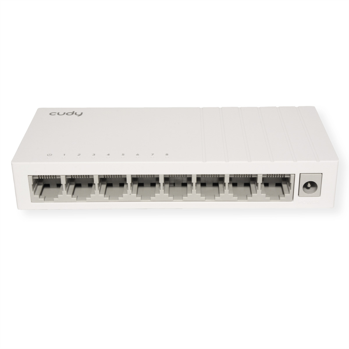 Witte Cudy 8-poorts switch met stroomingang, genummerde poorten en indicatielampjes op witte achtergrond.