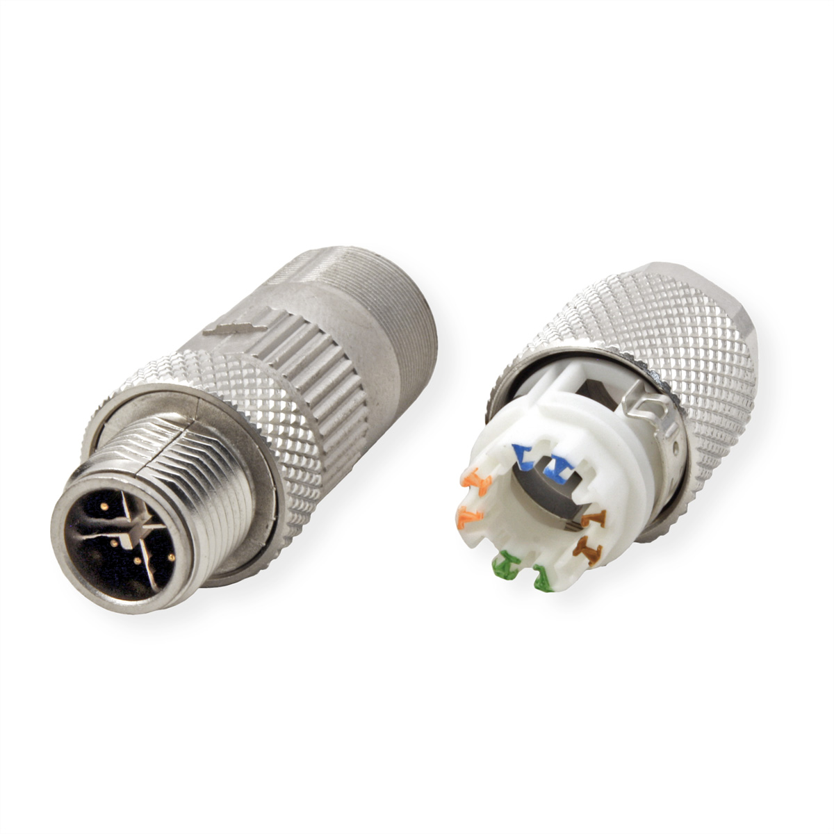 Zwei silberne RJ45-Stecker auf weißem Hintergrund. Einer ist offen und zeigt die innere Verdrahtung.