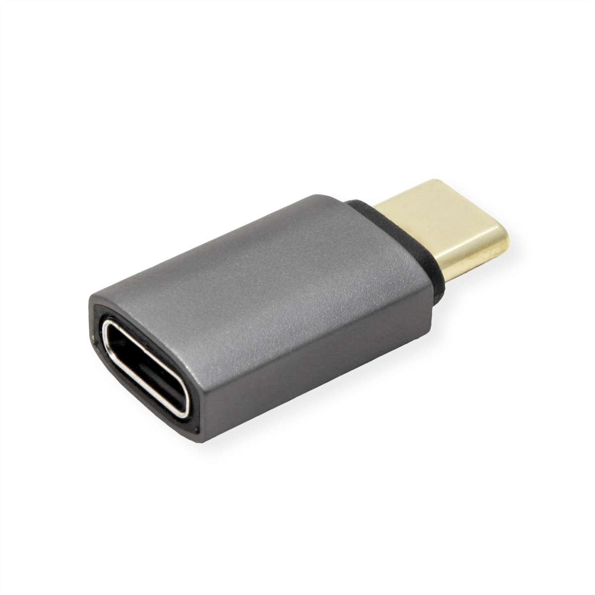 Un adaptateur USB-C gris avec un connecteur doré. Il est placé sur une surface blanche.