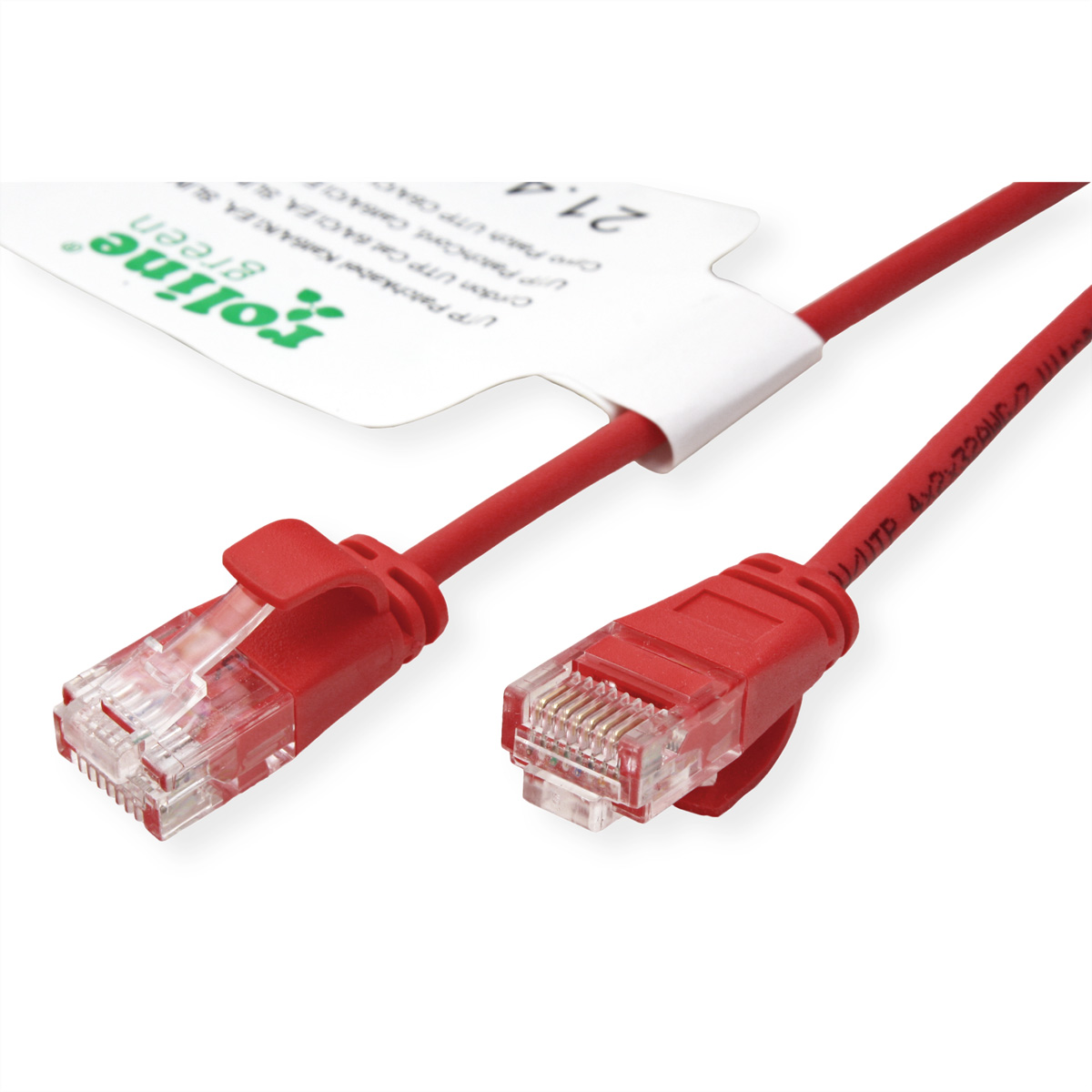 Czerwony kabel Ethernet z czerwonymi złączami i białą etykietą, na białym tle. Etykieta 'roline green'.