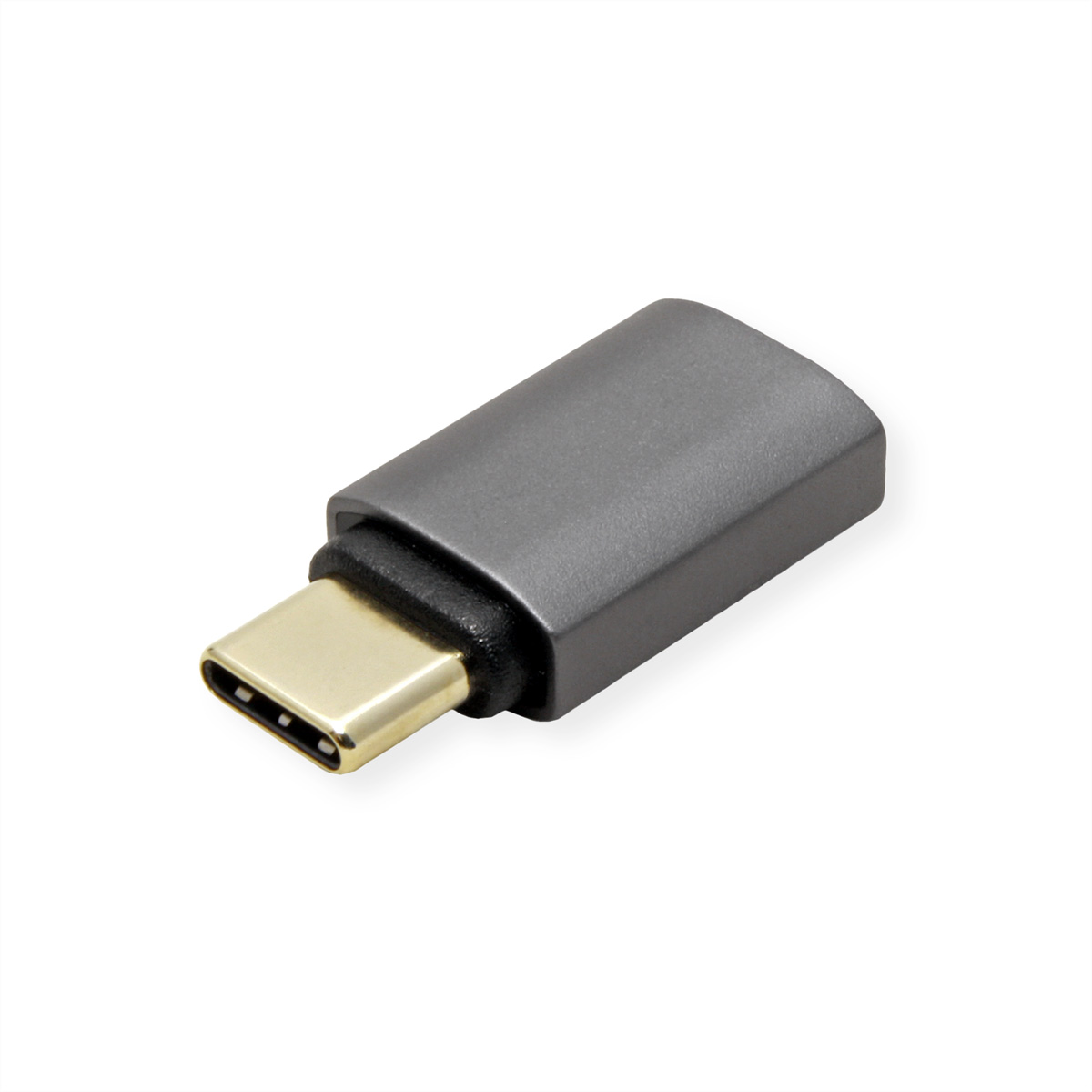 Un adaptateur USB-C gris avec un connecteur doré. L'adaptateur est sur une surface blanche.