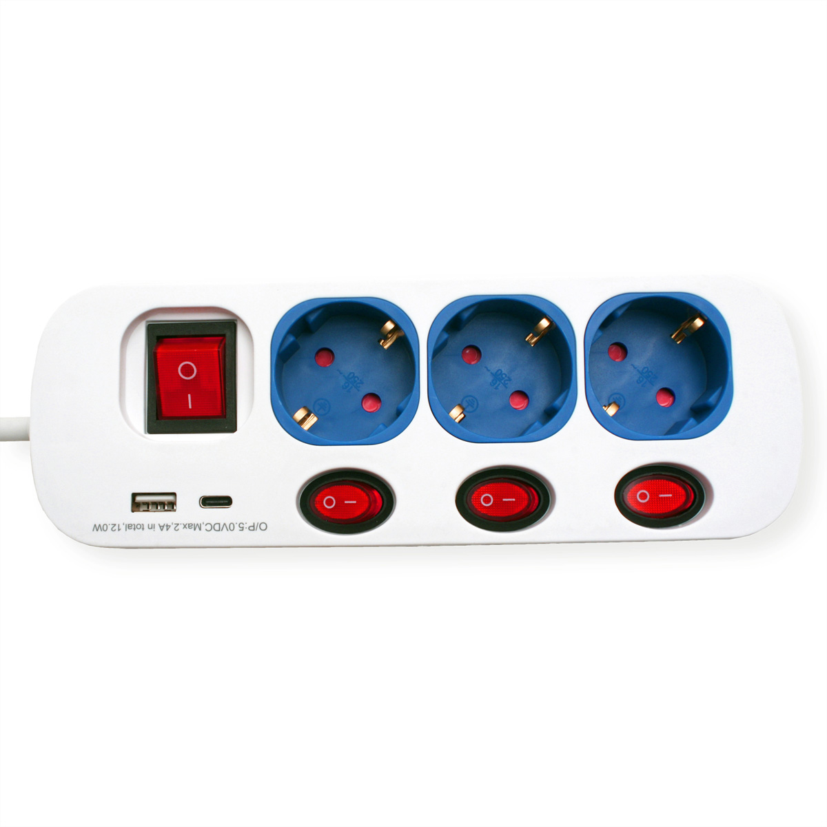 Ciabatta bianca con tre prese blu, interruttore rosso e porte USB/USB-C, su sfondo bianco.