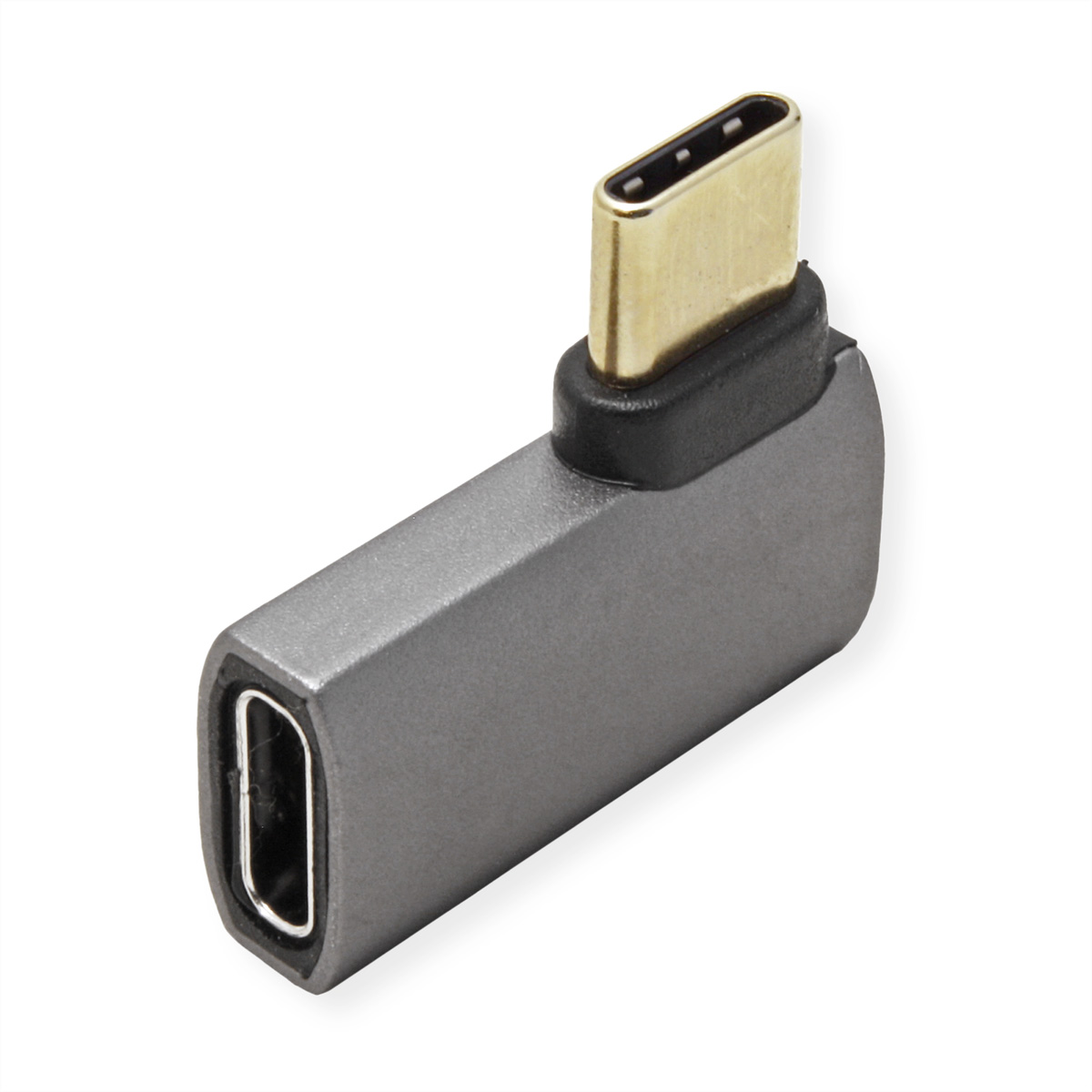 Adaptateur USB-C gris coudé avec connecteur doré sur fond blanc. Bord noir autour du connecteur.