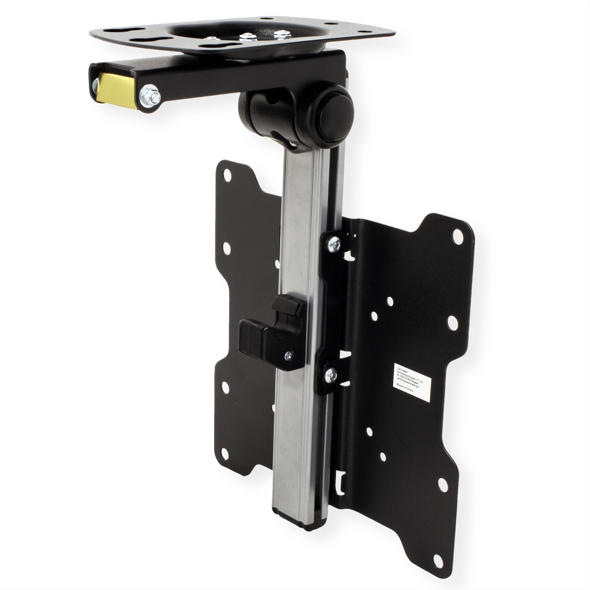 Schwarze TV-Wandhalterung, bestehend aus einem schwarzen Rahmen, einer Metallsäule und einer schwenkbaren oberen Halterung.