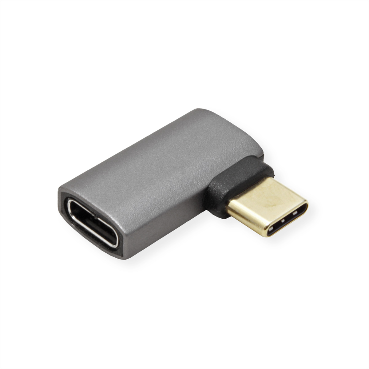 Un adaptateur USB-C gris coudé avec un connecteur doré. Il est sur une surface blanche.