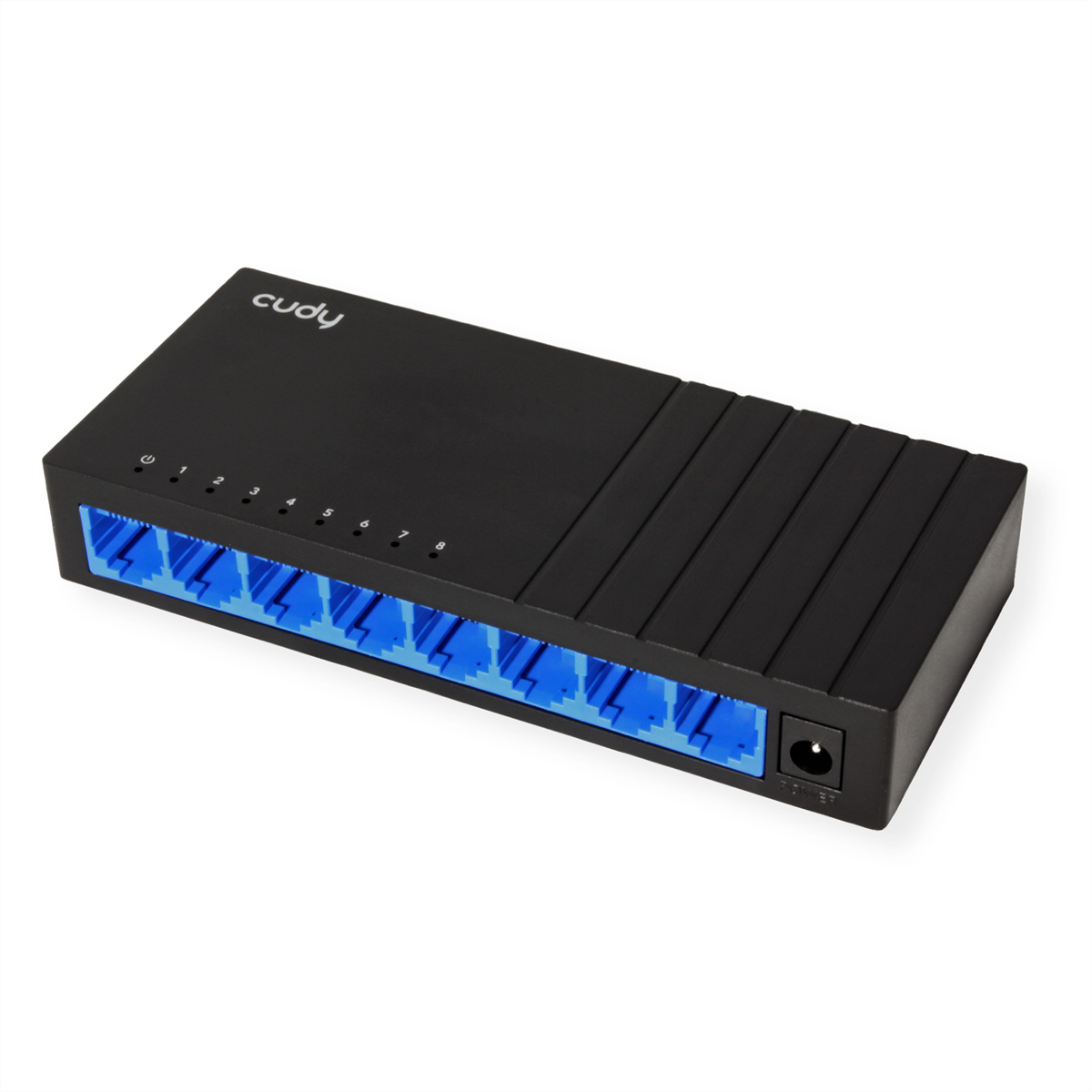 Un commutateur réseau noir avec 8 ports réseau bleus et un port d'alimentation. La marque 'cudy' est visible.