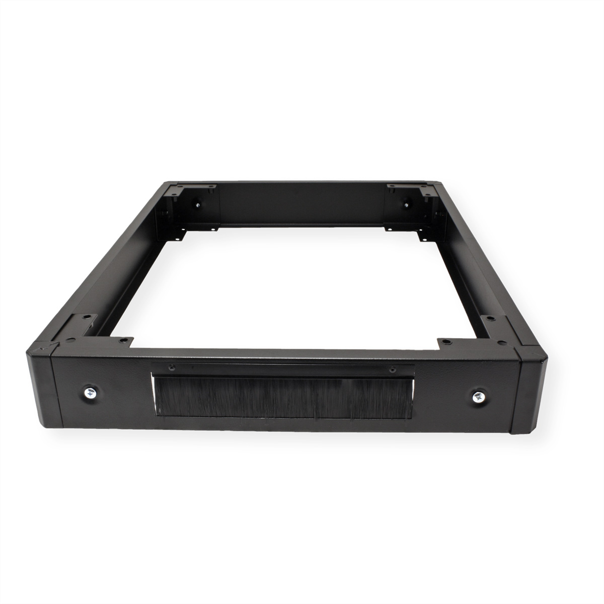 Cornice in metallo nero con spazzola, su sfondo bianco. La cornice ha fori per viti.