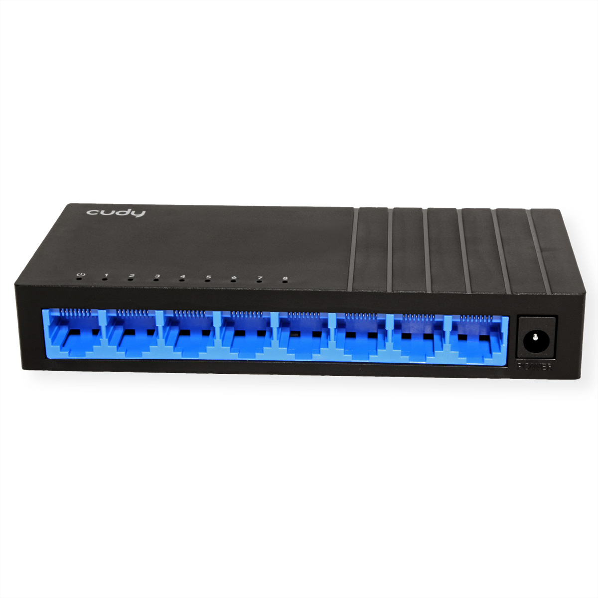 Commutateur Cudy noir à 8 ports avec ports Ethernet bleus et entrée d'alimentation, sur fond blanc.