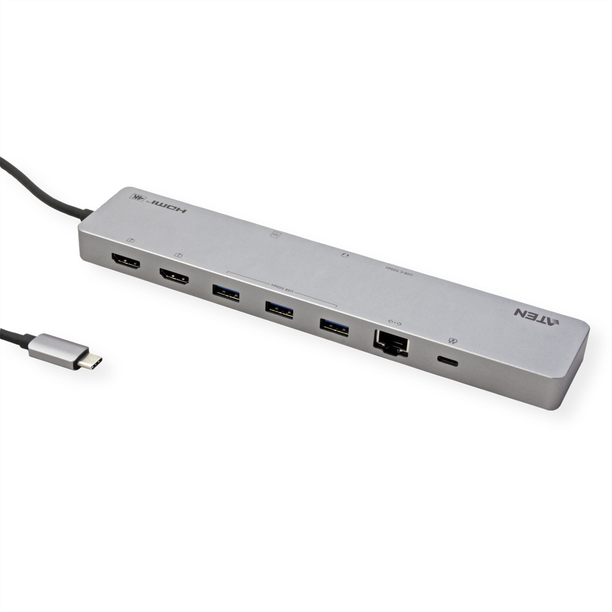Hub ATEN USB-C argenté avec ports HDMI, USB et Ethernet. Câble noir à gauche.