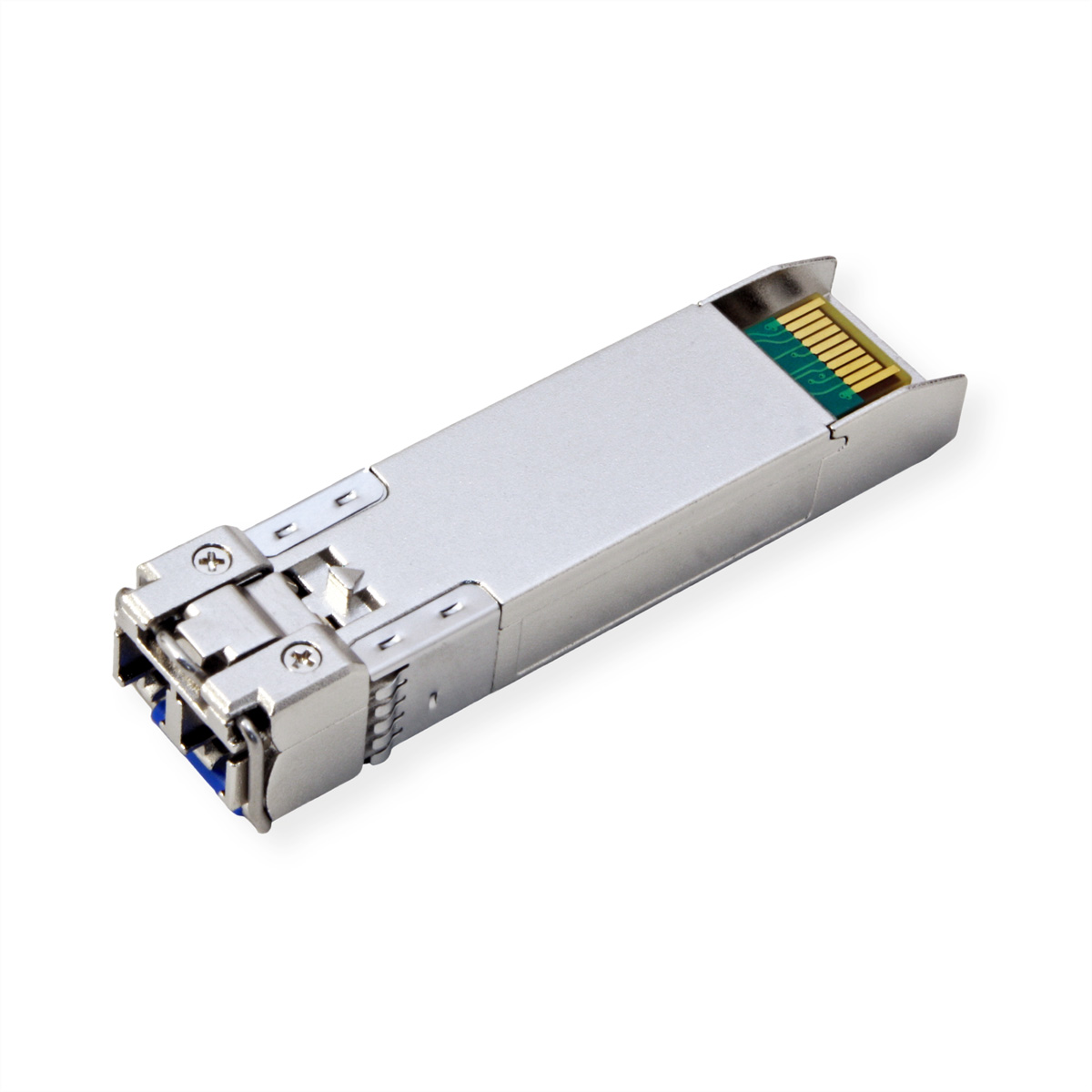 Un module SFP métallique sur une surface blanche. Il possède un circuit imprimé vert et un connecteur bleu.