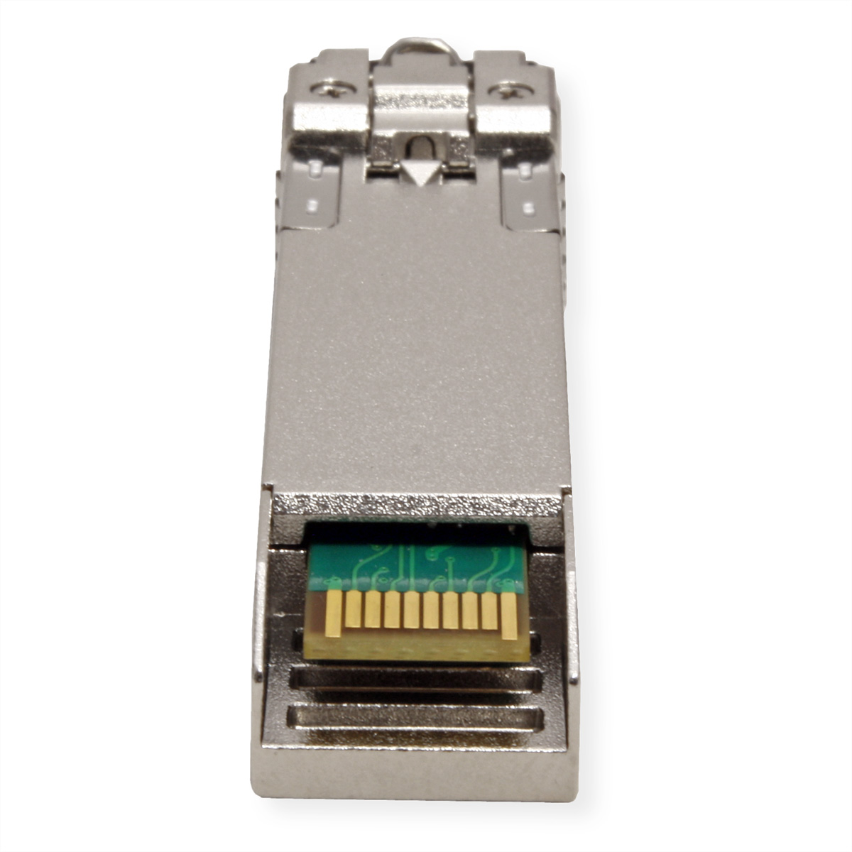 Module SFP métallique avec composants internes verts et broches dorées, sur fond blanc.