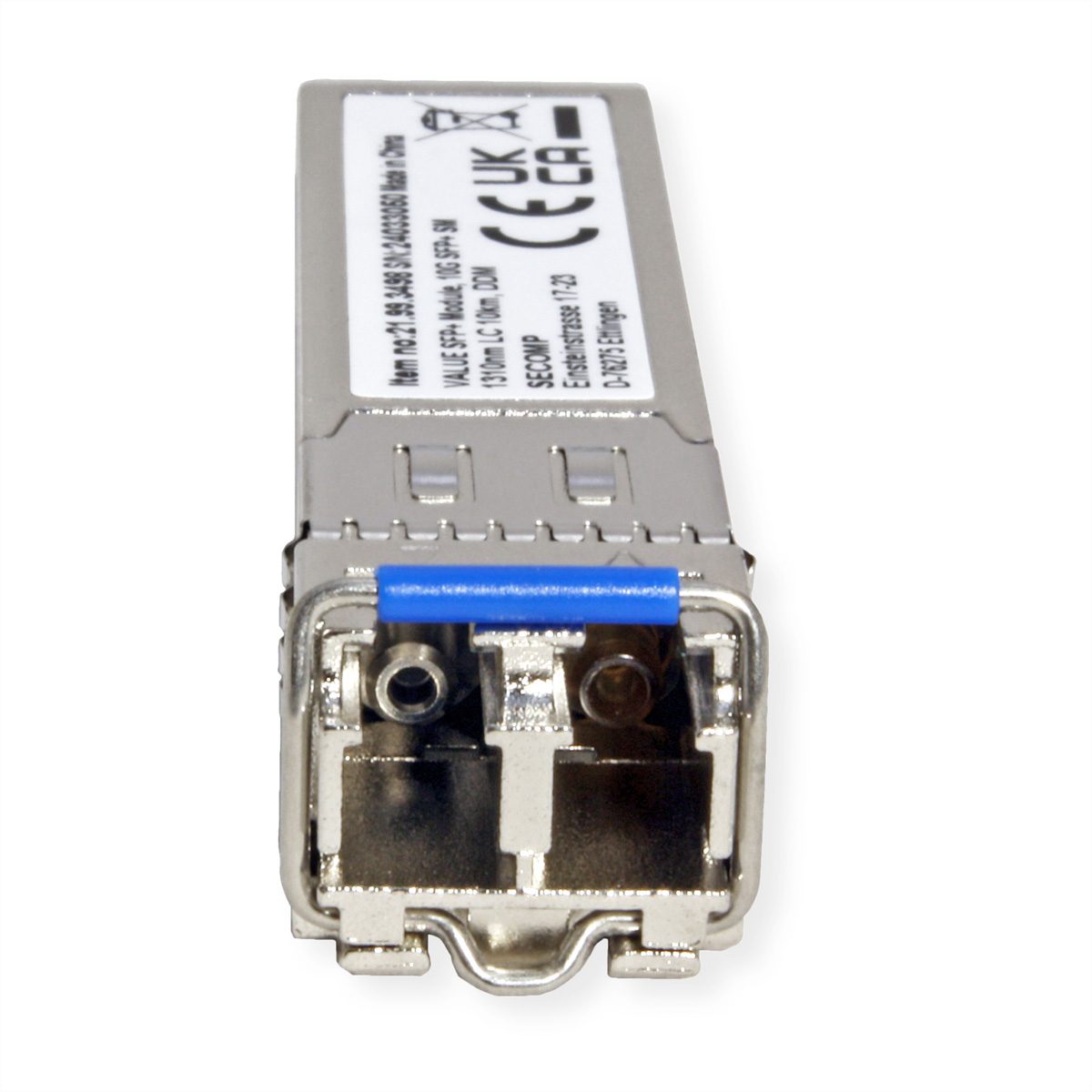 Module SFP argenté avec barre bleue en haut et étiquette blanche, sur fond blanc.