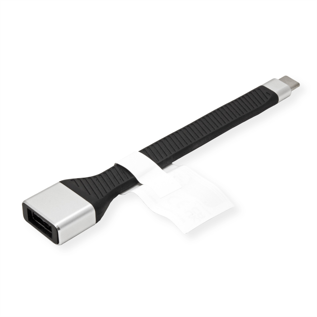 Ein schwarzer und silberner USB-C-Adapter mit USB-Anschluss und weißem Etikett.