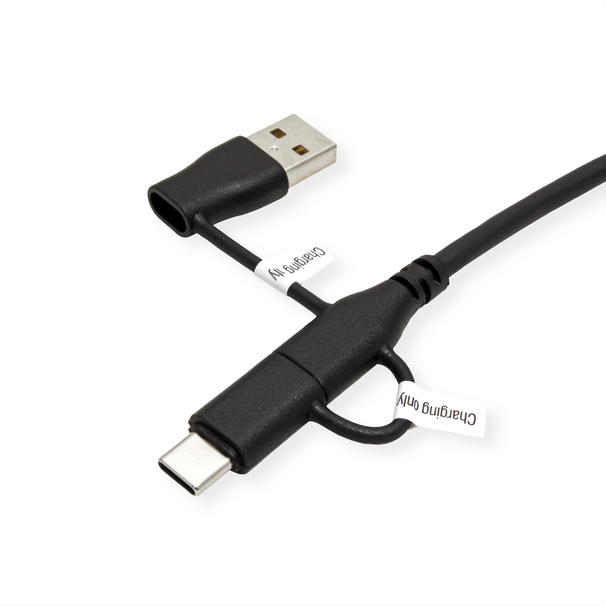 Un câble de charge noir avec des connecteurs USB et USB-C et des étiquettes blanches.