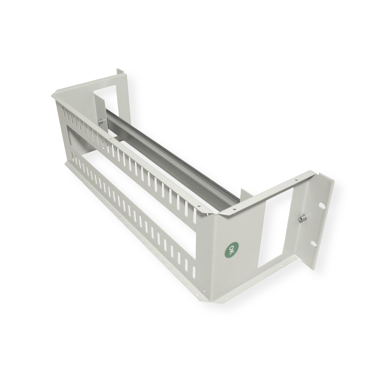 Un supporto per rack in metallo beige con fessure e una barra argentata.