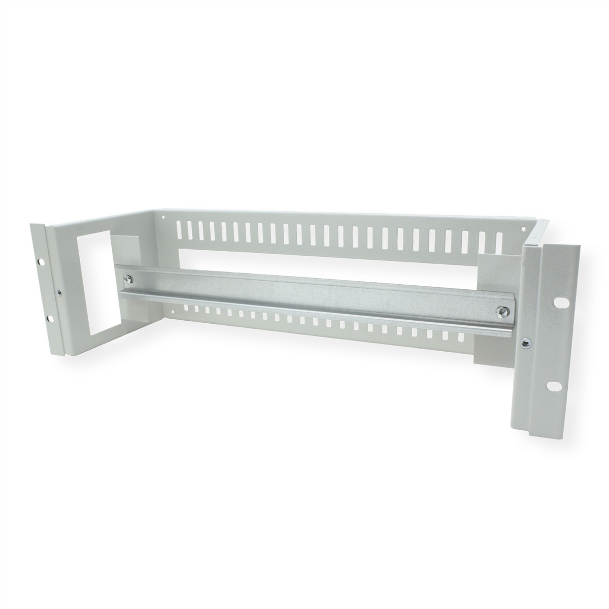 Un supporto per rack in metallo beige con fessure per le apparecchiature.