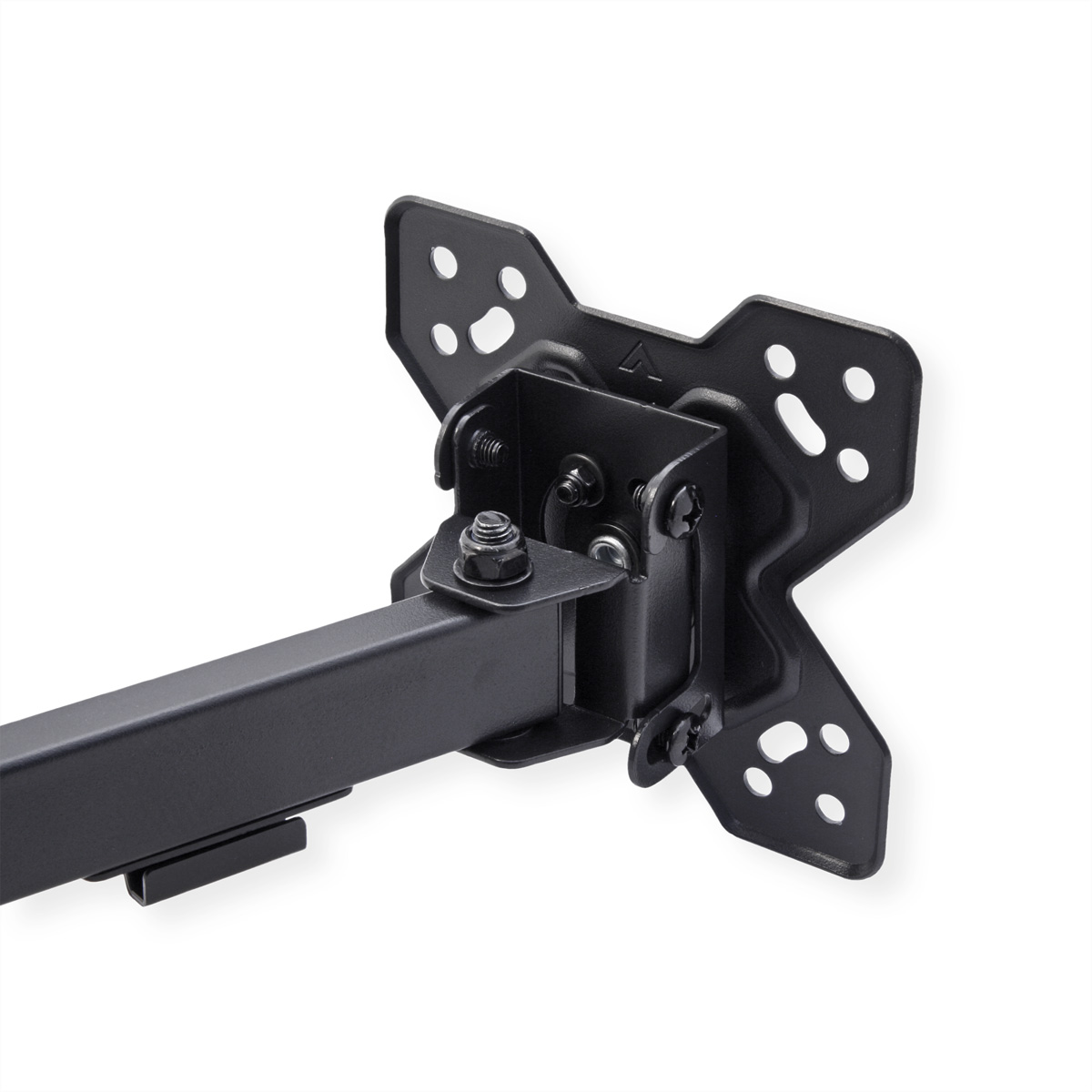 Eine schwarze TV-Wandhalterung mit einem schwarzen Arm und einer Montageplatte.