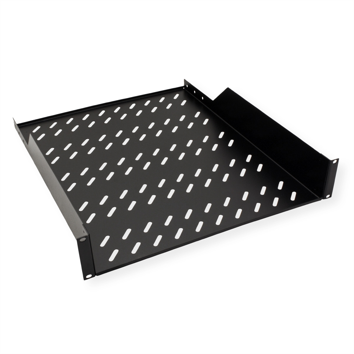 Mensola in metallo nero con fori di ventilazione su sfondo bianco.