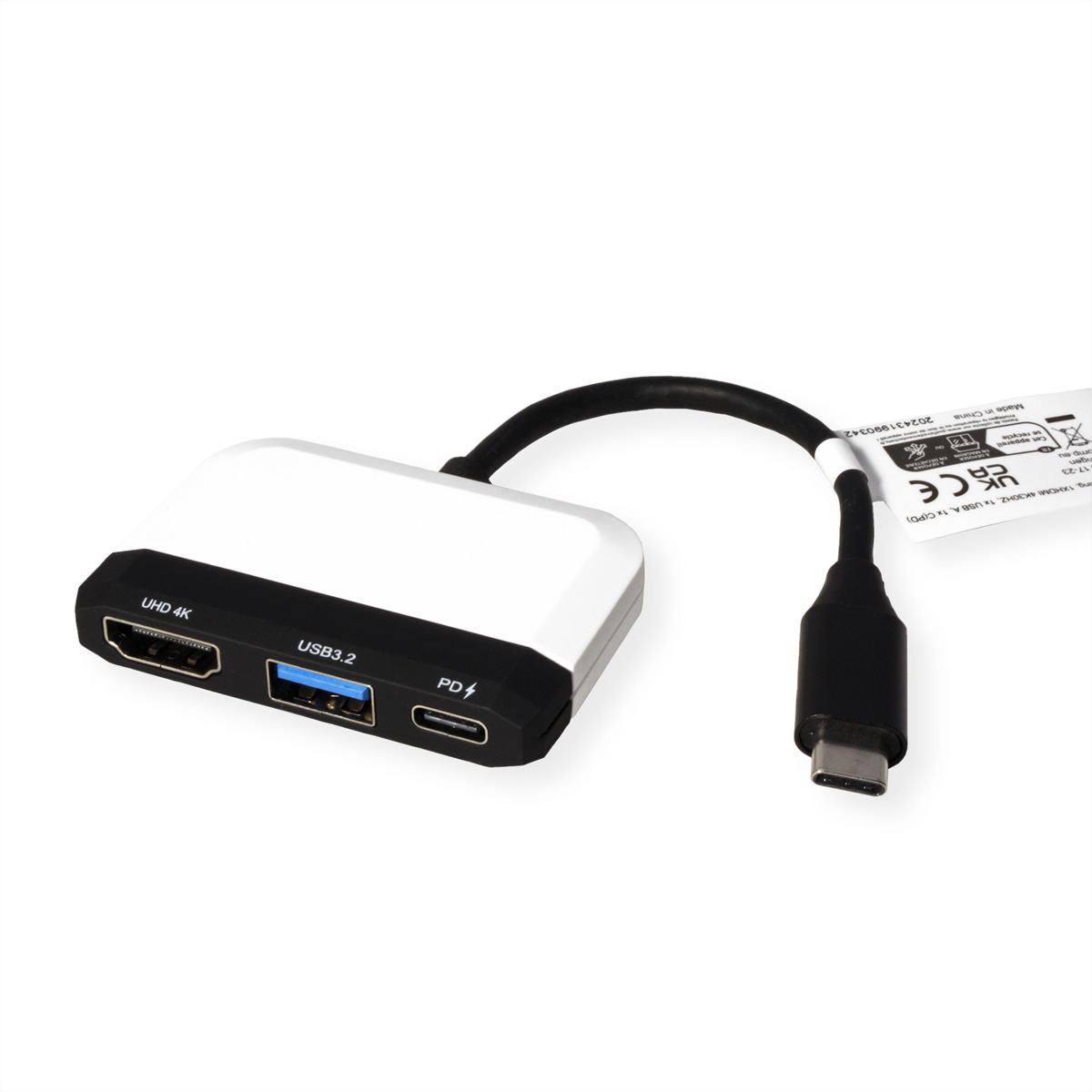 Adaptateur blanc et noir avec ports HDMI, USB et PD, avec connecteur de type C.