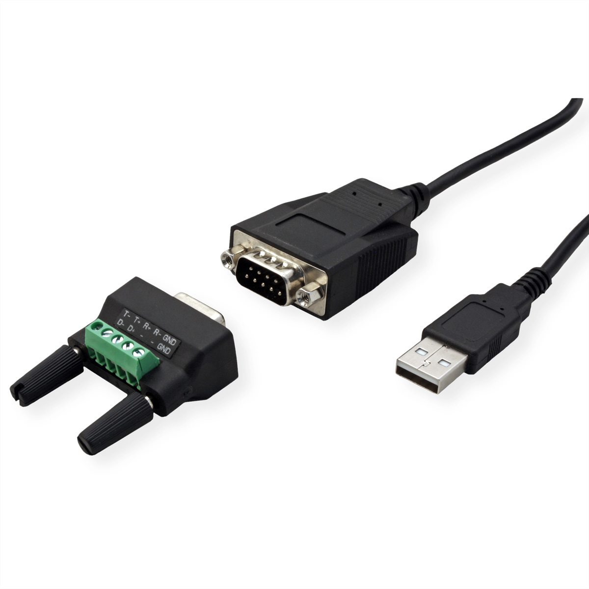 Trois câbles : USB, connecteur à broches et DB9, tous noirs, sur fond blanc.