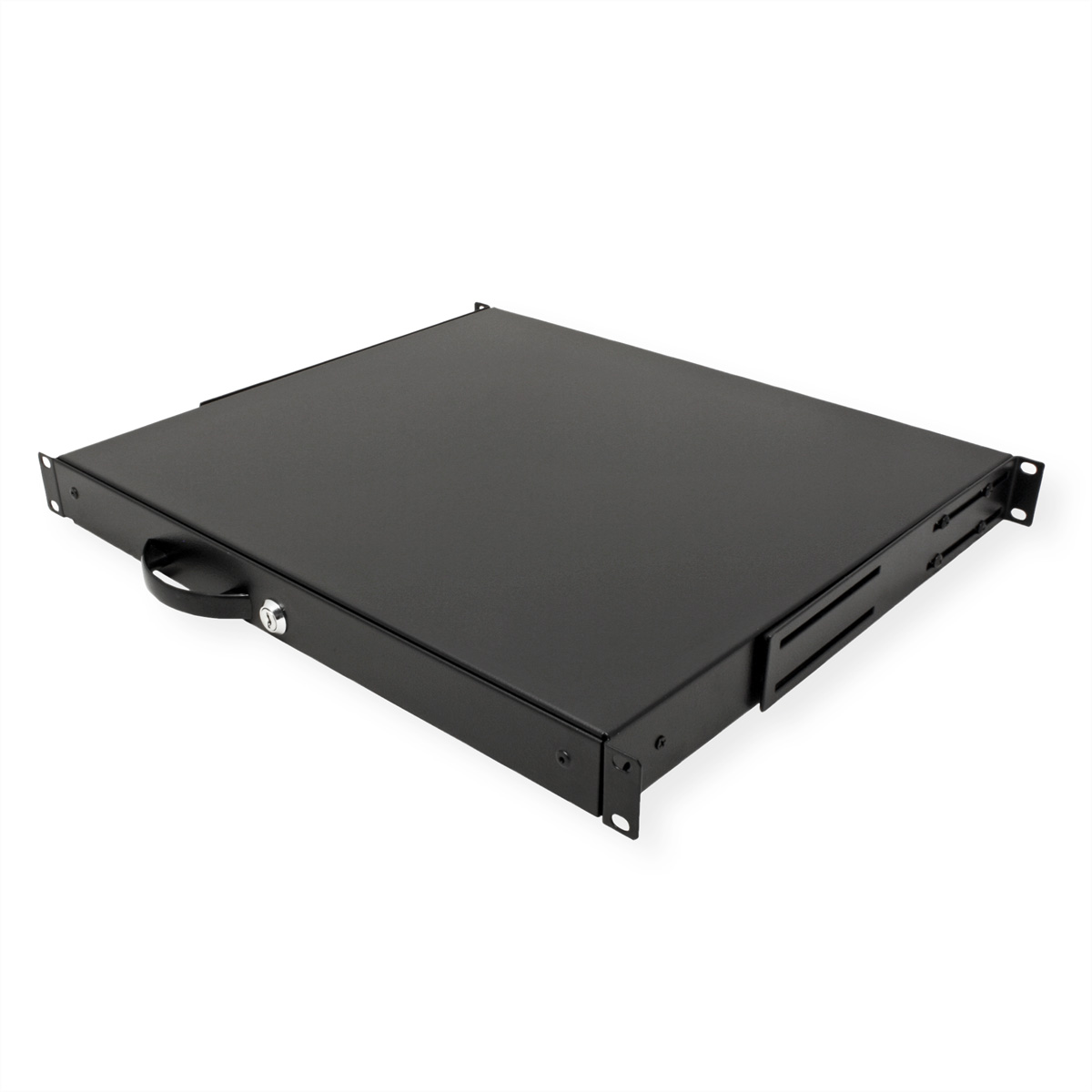 Un cassetto rackmount nero con maniglia e serratura, leggermente aperto, su sfondo bianco.