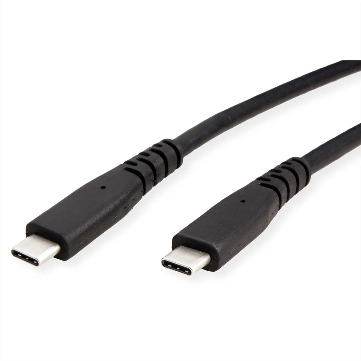 Zwei schwarze USB-C-Kabel mit Anschlüssen, diagonal auf weißem Hintergrund angeordnet.